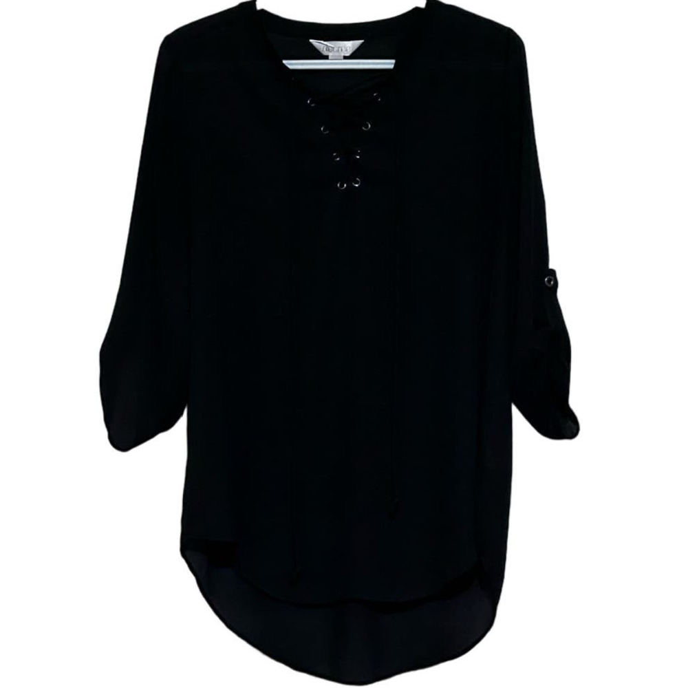 Decree Women's Black Sheer‎ Tie Up 3/4 Sleeve Blouse Size M